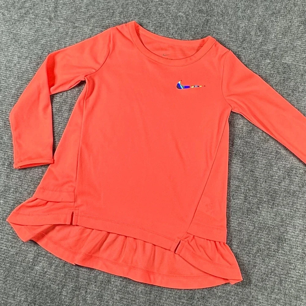 Nike Kids Dri-FIT Long Sleeve Peplum Ruffle Top Coral Pink Iridescent Swoosh